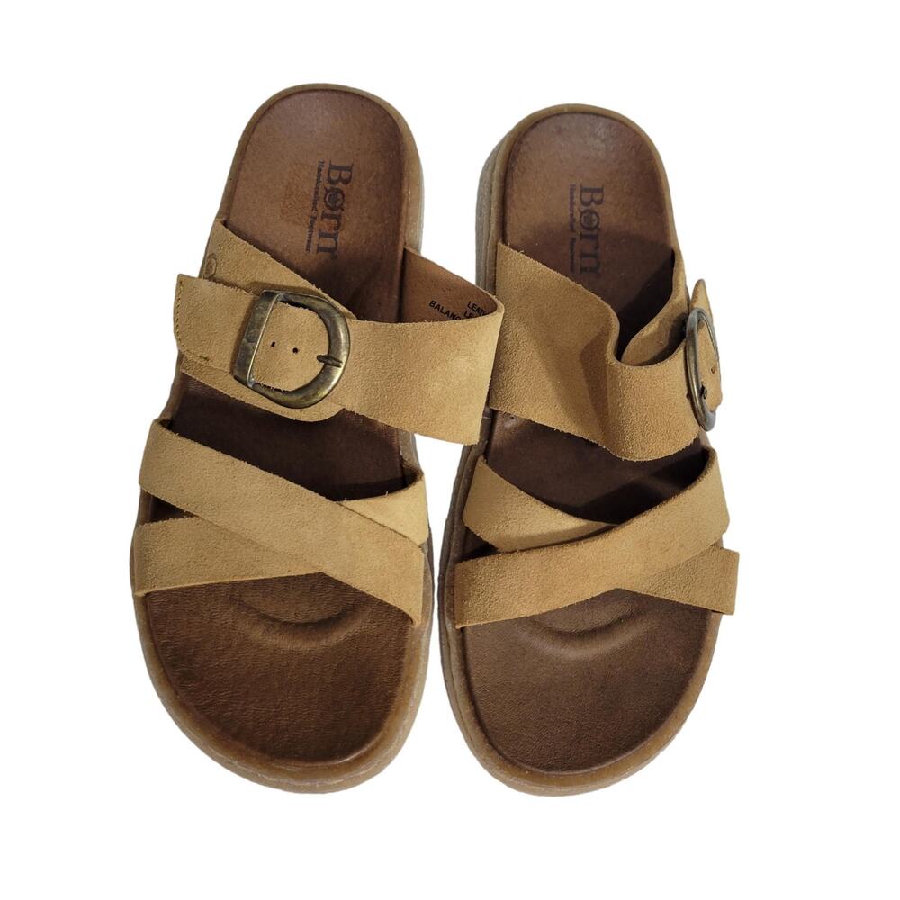 Born Caite Sandals Yellow Tan Leather Flats Wide Buckle Straps Slides Slip On 8